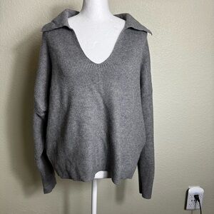 A New Day Women's Sweater Grey‎ Ribbed Size XXL V-Neck Collar Cropped